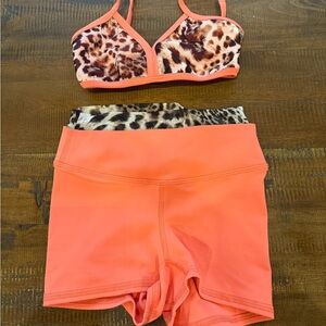 Leopard Print Sports Bra and Orange Shorts Set five dancewear
